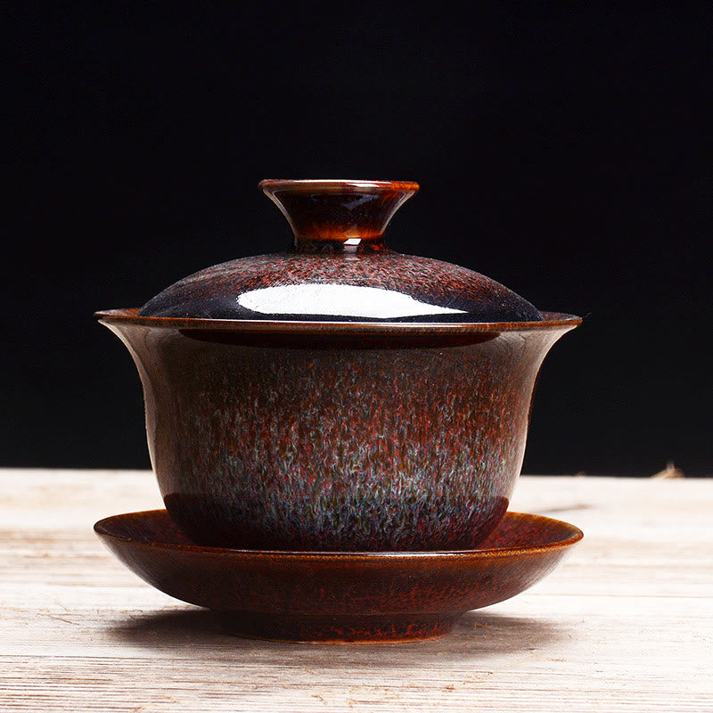 Skanto | Vintage Brennovn Keramisk Gaiwan Sancai Tekopp Tekopp og Tallerken med Lokk