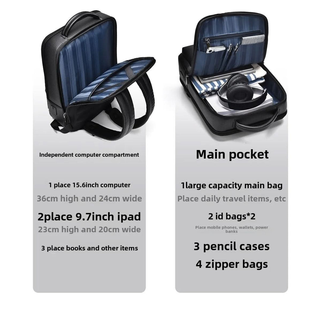 Skanto | Elegant lær ryggsekk for menn/kvinner med USB-port for laptop og hverdagsbruk, 15,6 tommer, svart