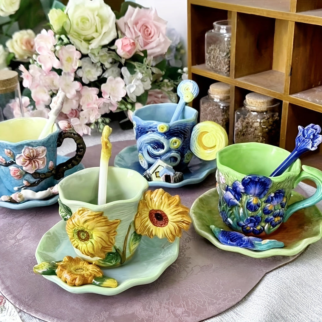 ArtSip Keramikkopp & Underskål Sett – Håndmalte 3D-design inspirert av Van Gogh | Skanto