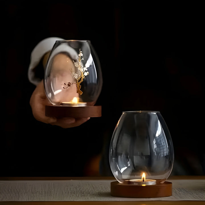 2-delt sett med lysestaker i glass med trebaser – dekorative i retro zen-stil | Perfekt for stuer, terrasser og uteområder