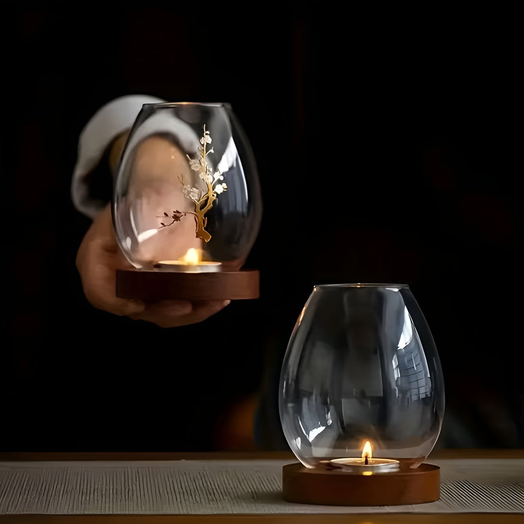 2-delt sett med lysestaker i glass med trebaser – dekorative i retro zen-stil | Perfekt for stuer, terrasser og uteområder