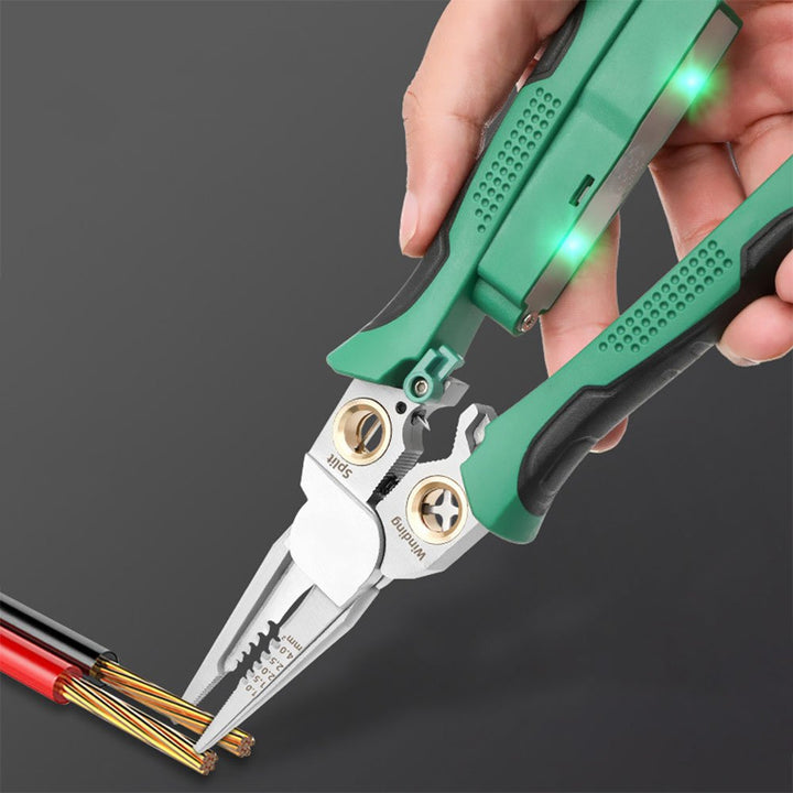 Skanto | 8 i 1 Ledningsstripper Twister for Kutting og Trekking av Ledninger, Kabelsakser, Spenningsmåler Tenger, 12V til 250V Live