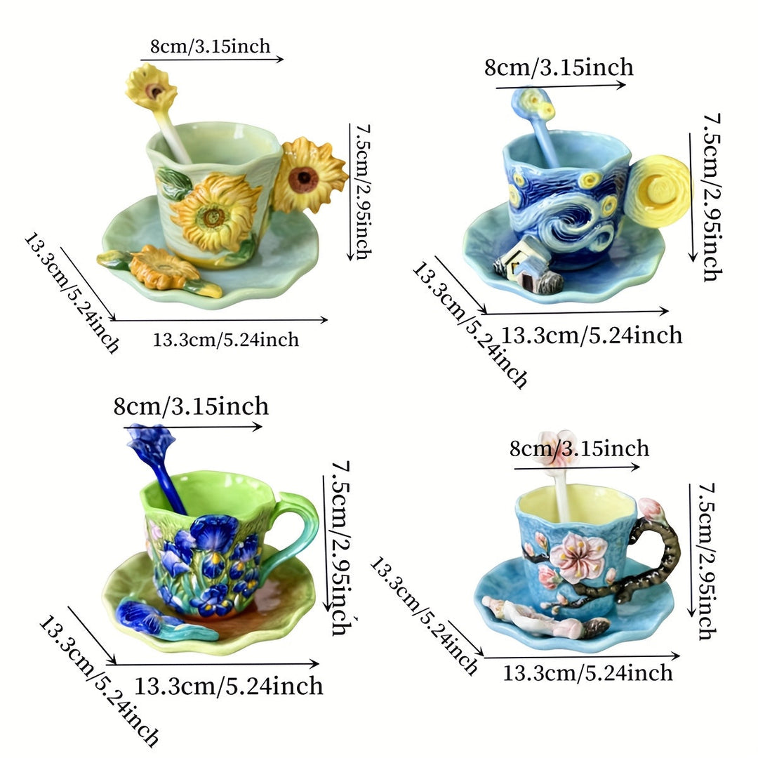 ArtSip Keramikkopp & Underskål Sett – Håndmalte 3D-design inspirert av Van Gogh | Skanto