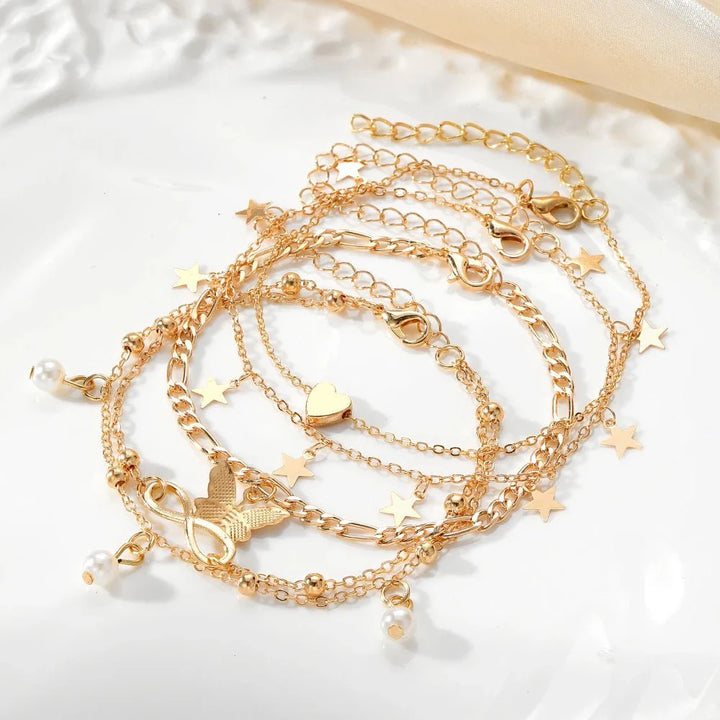 Skanto | 5pcs Delikat Femenin Ankelsett (Stjerner, Hjerte, Sommerfugl, Uendelig, Perler)
