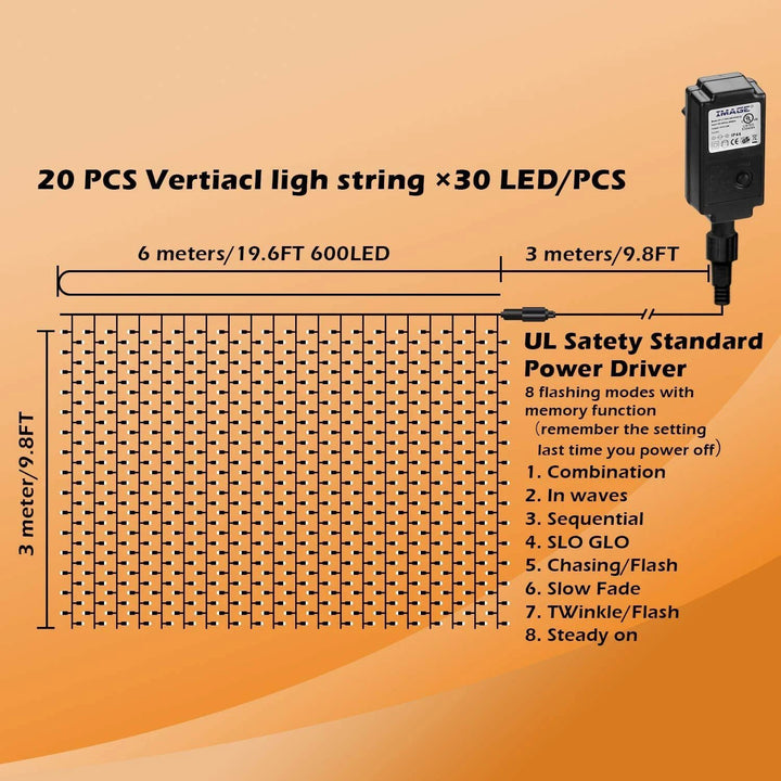 Skanto | 600 LED 9.8 x 19.6 FT. LED gardinlys med 8 lysmoduser og minnefunksjon