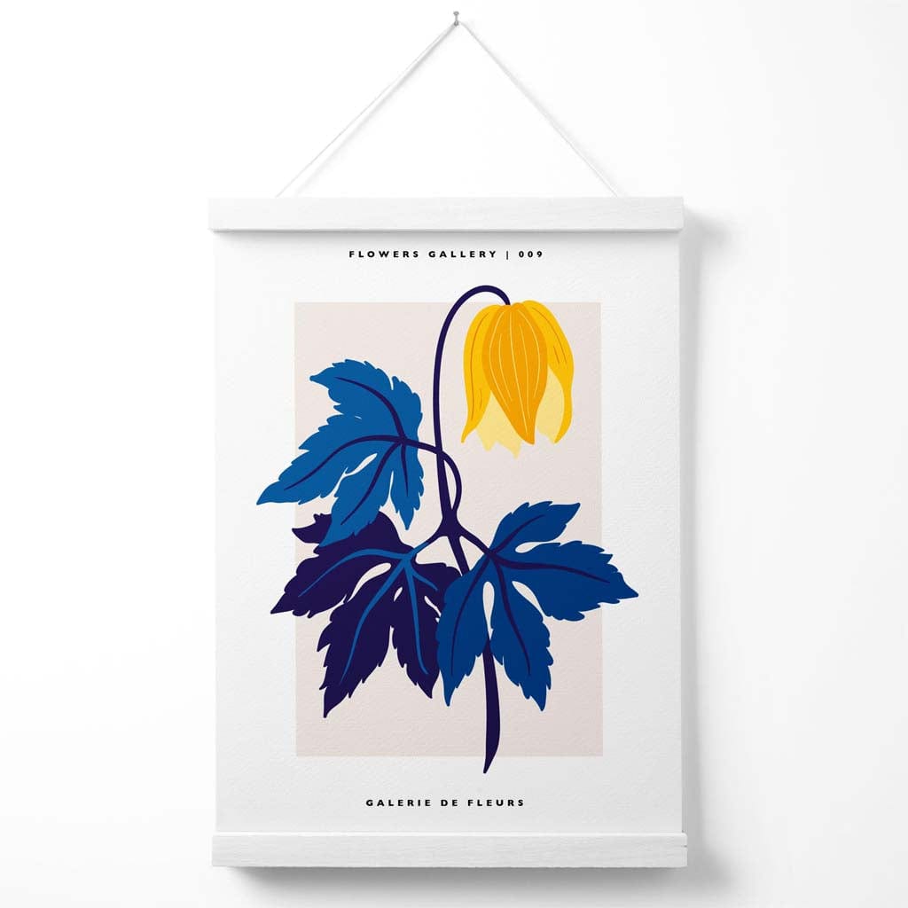 Abstrakt galleriplakat for gul og blå tulipanmarked med oppheng