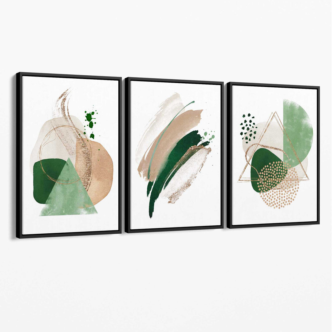 Abstrakt sett med 3 kunsttrykk på lerret i salviegrønn og beige