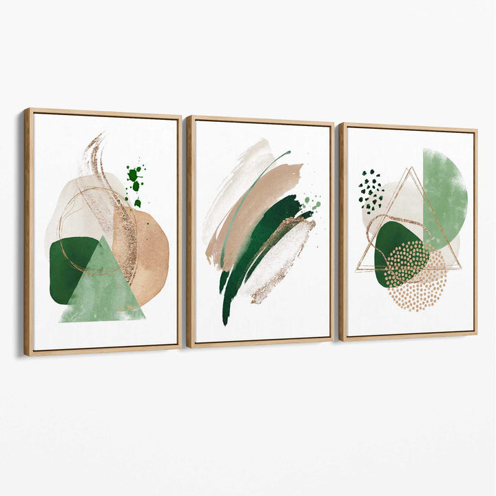 Abstrakt sett med 3 kunsttrykk på lerret i salviegrønn og beige
