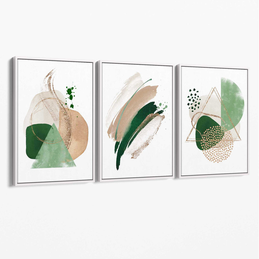 Abstrakt sett med 3 kunsttrykk på lerret i salviegrønn og beige