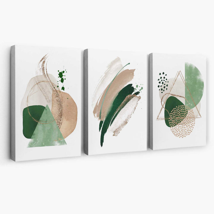 Abstrakt sett med 3 kunsttrykk på lerret i salviegrønn og beige