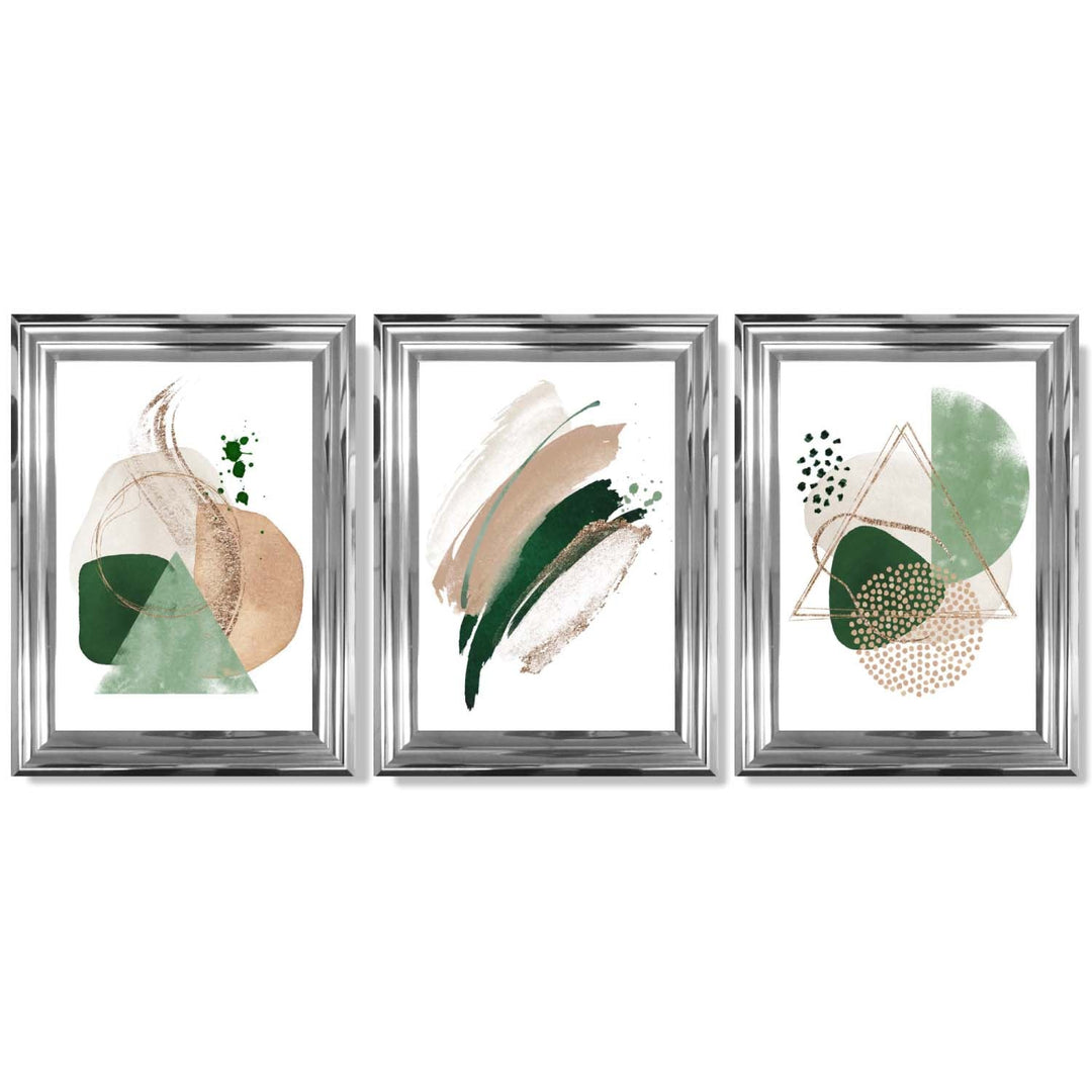Abstrakt sett med 3 innrammede kunsttrykk i salviegrønt og beige