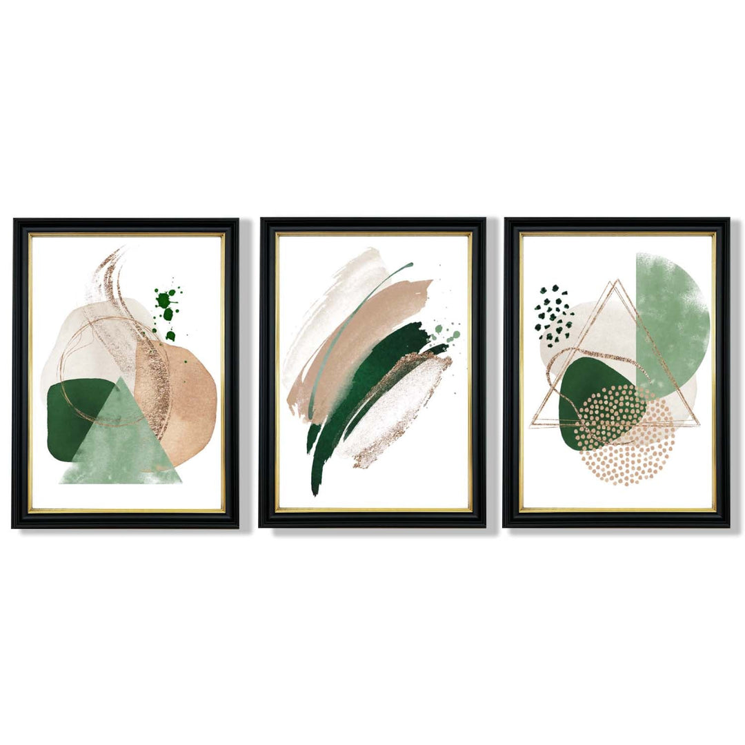 Abstrakt sett med 3 innrammede kunsttrykk i salviegrønt og beige