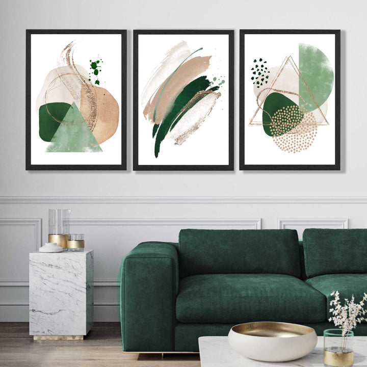 Abstrakt sett med 3 kunsttrykk i salviegrønt og beige