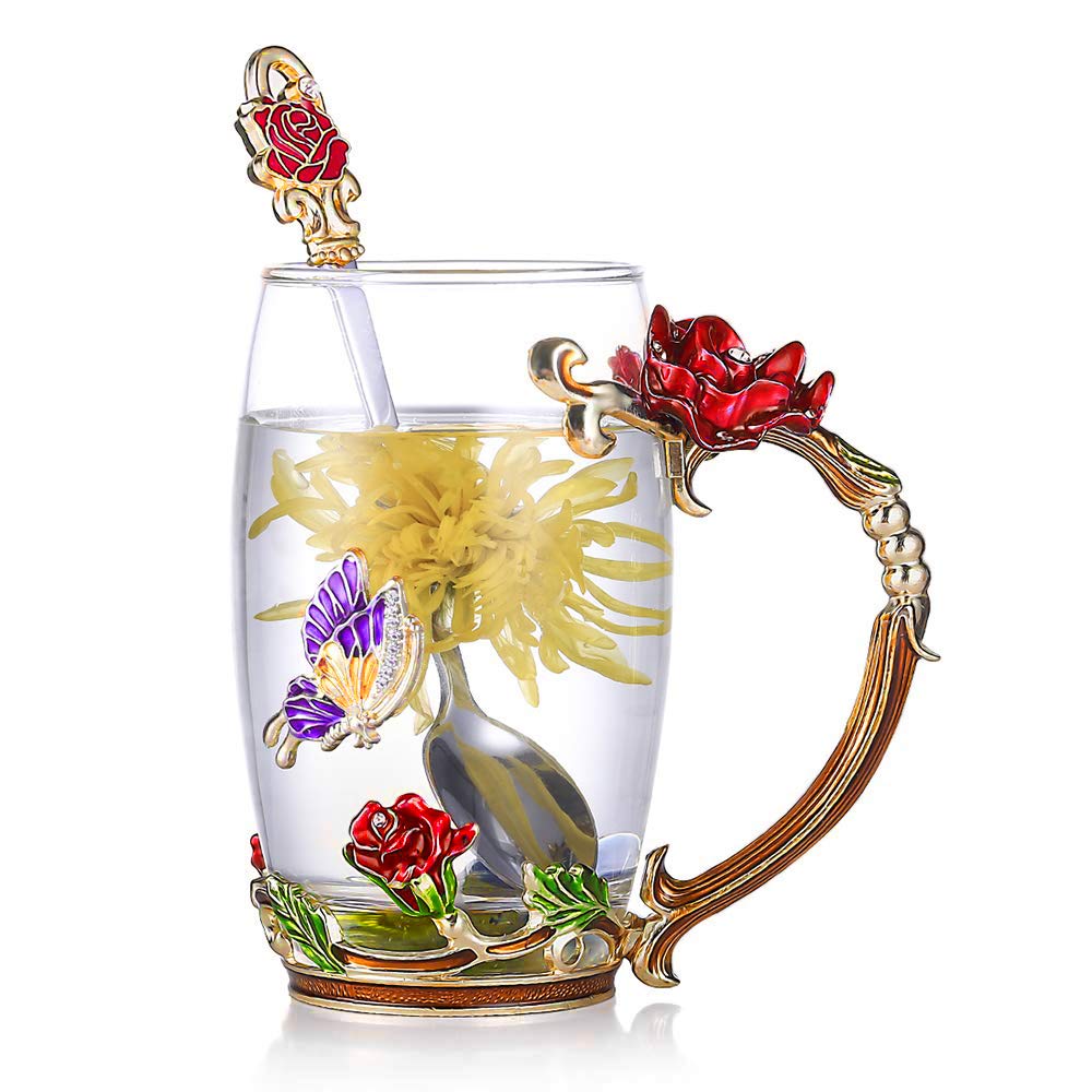Emalje Rose Glass Tekopp Sett (Med Skje) | Skanto