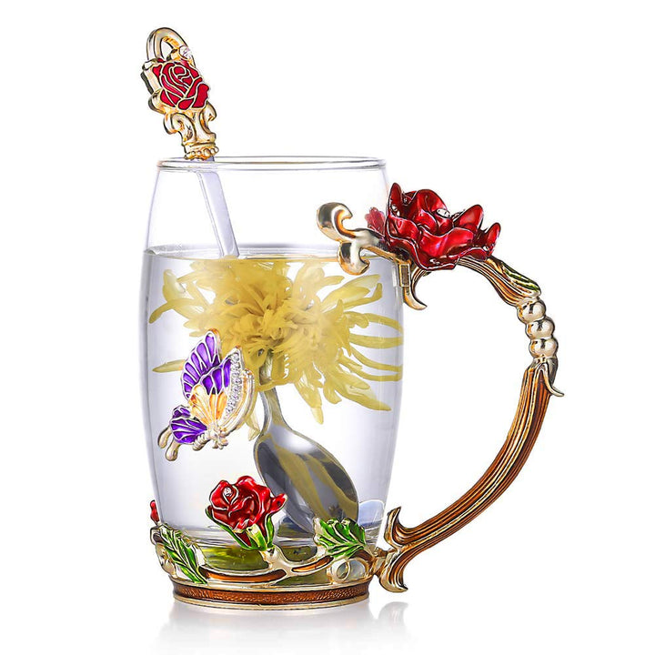 Emalje Rose Glass Tekopp Sett (Med Skje) | Skanto