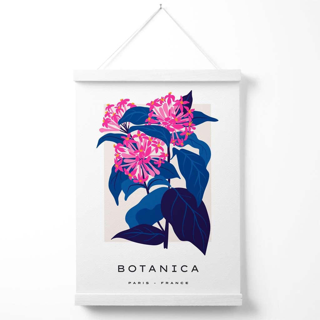 Galleriplakat med et blått og rosa kornblomstmarked, inkludert oppheng.