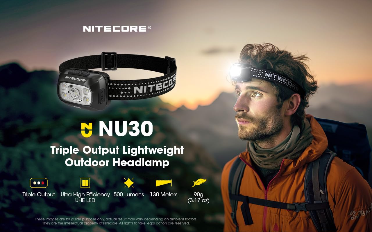 Norvo | Nitecore Nu30 500 Lumen Oppladbar Hodelykt - Hvit & Rød Stråler, Svart