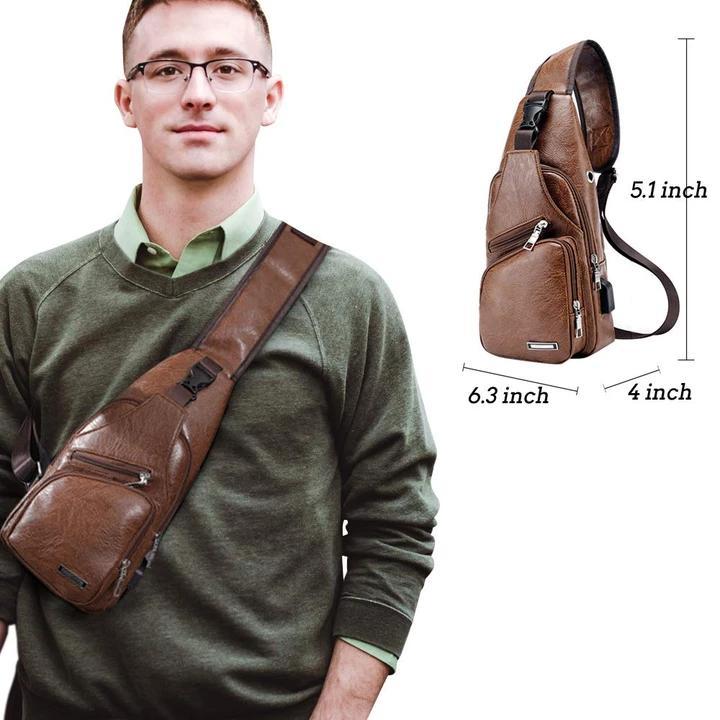 Skanto | Stor Herre Lædertaske Bryst Rygsæk Vandtæt Crossbody Taske med USB