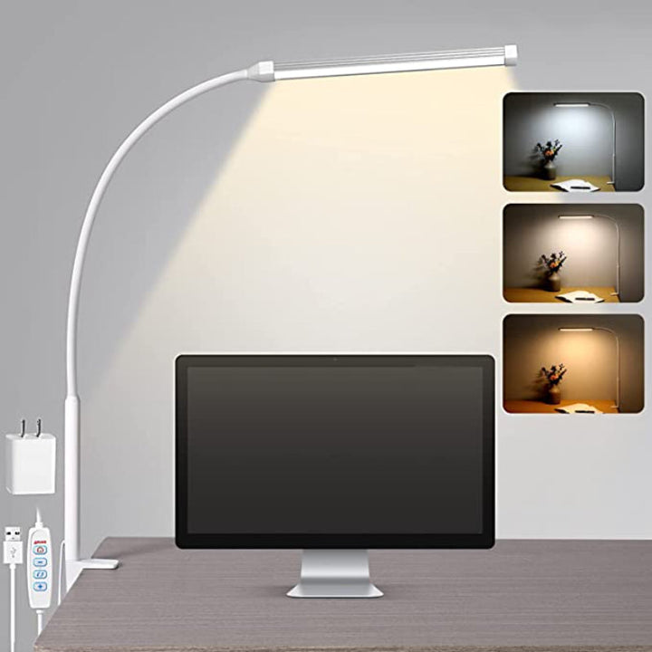 Skanto | LED Skrivebord Lampe med Lampe, øyevennlige Klips-Lys for Hjemmekontoret, 3 Moduser 10 Lysstyrkenivåer, lang fleksibel Gåsehals, Metall, Svingarm Arkitekt Oppgave Skrivebord Lamper med USB Adapter, Hvit