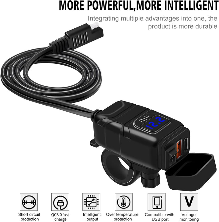 Skanto | Motorsykkel USB- og Type-C Hurtiglader med Voltmeter – Drayvik