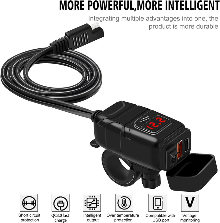 Skanto | Motorsykkel USB- og Type-C Hurtiglader med Voltmeter – Drayvik