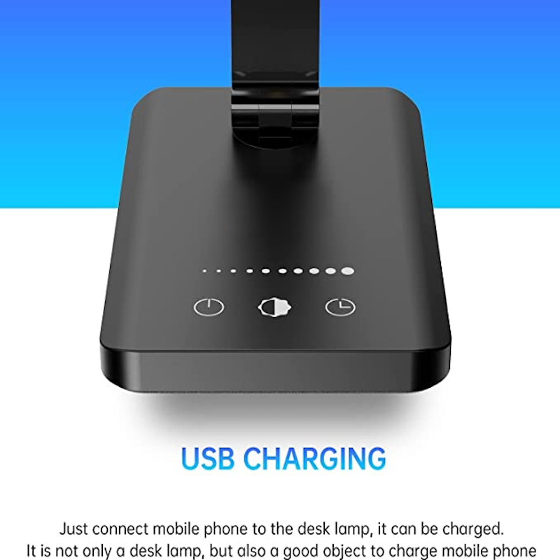Skanto | LED skrivebordslampe med USB-ladeport, dimbar øyevennlig leselampe for hjemmet, med 5 lysstyrkenivåer & 3 lysmoduser, berøringskontroll, autotimer (Svart)