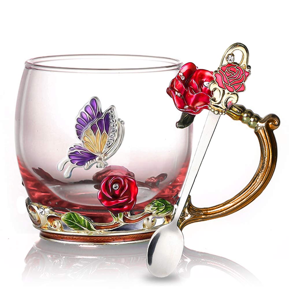 Emalje Rose Glass Tekopp Sett (Med Skje) | Skanto