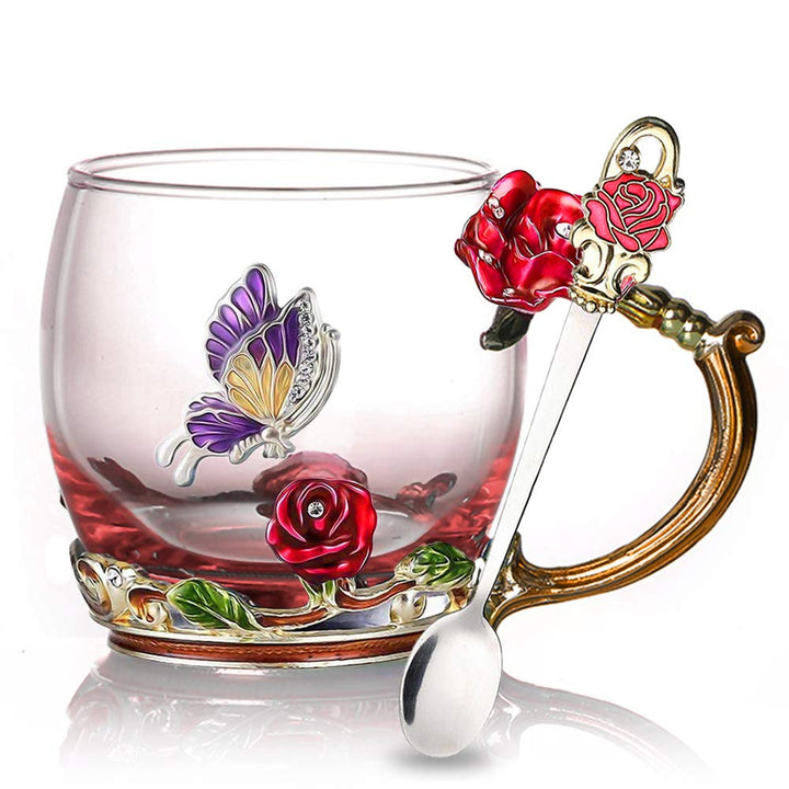 Emalje Rose Glass Tekopp Sett (Med Skje) | Skanto