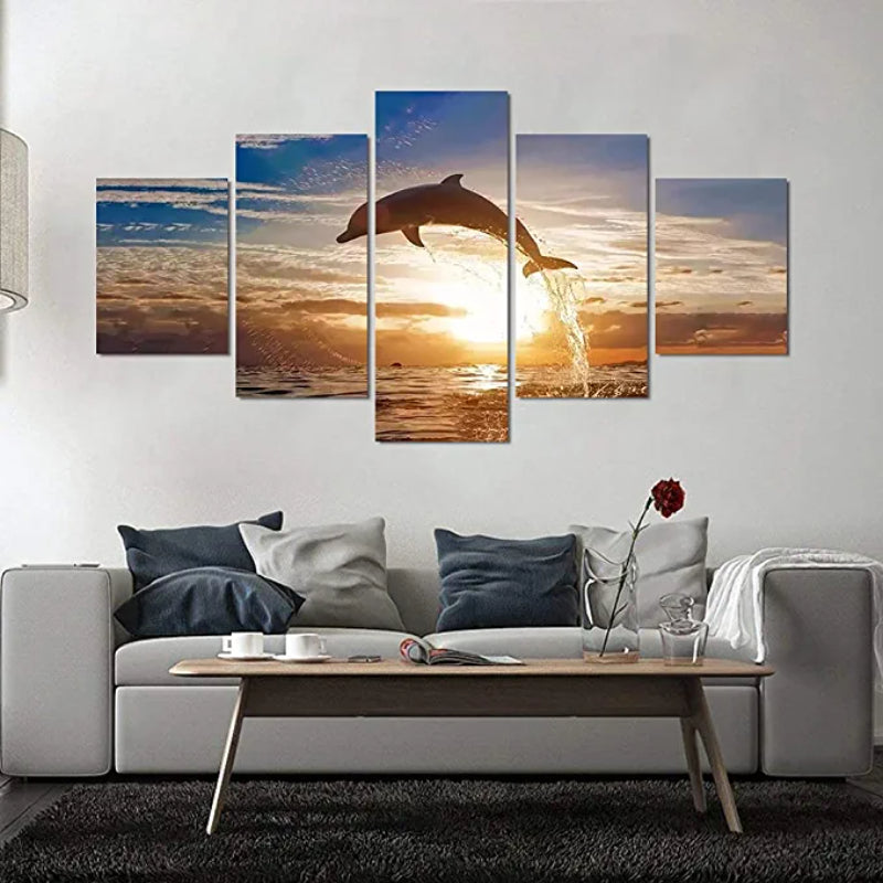 5 stk Hoppende Delfin Solnedgang Landskap Maleri | Skanto