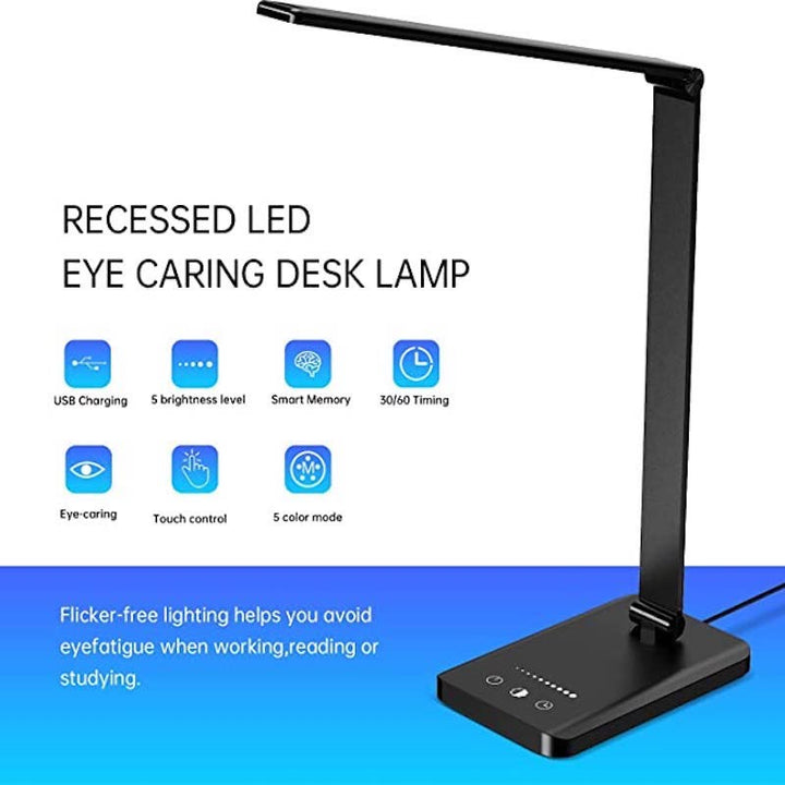 Skanto | LED skrivebordslampe med USB-ladeport, dimbar øyevennlig leselampe for hjemmet, med 5 lysstyrkenivåer & 3 lysmoduser, berøringskontroll, autotimer (Svart)