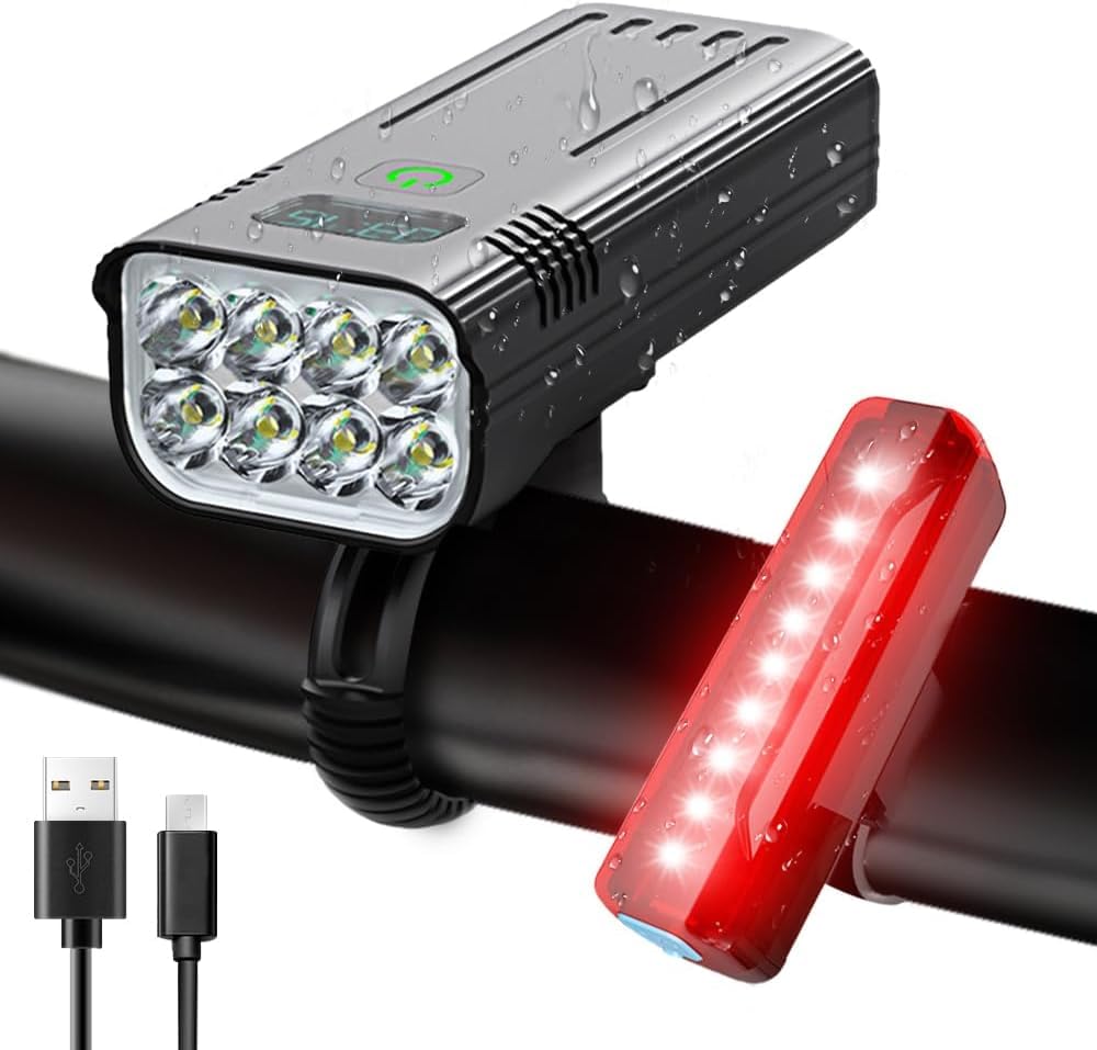 Norvo | Victoper 8000 Lumens Sykkel Lys Sett, 8 Led Usb Oppladbare Foran & Bak Lys, Matt Svart