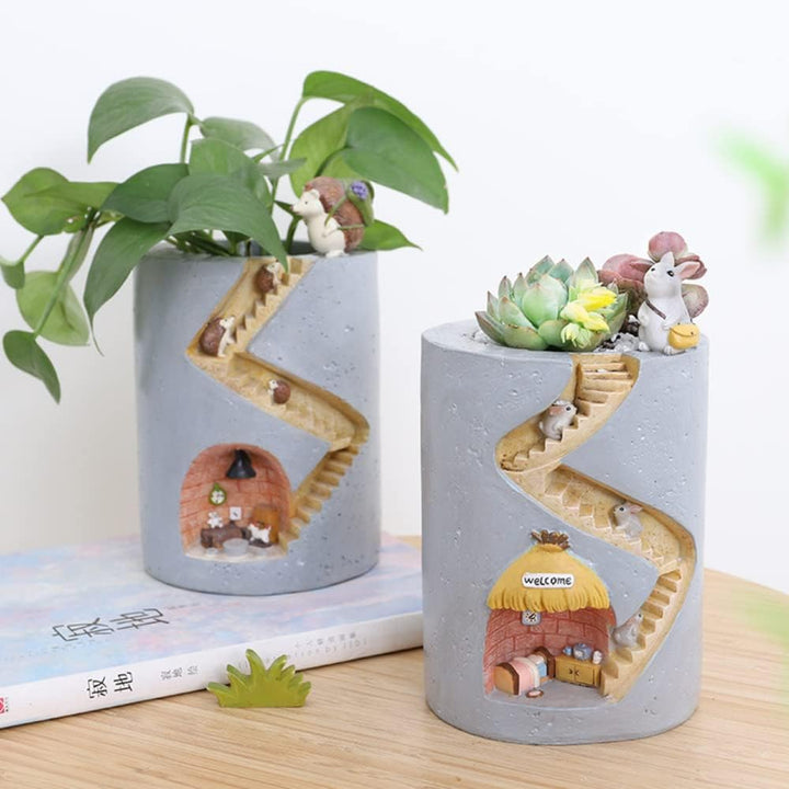 Skanto | Decorative plant pot with hedgehog and rabbit miniature – Creative staircase design for plants