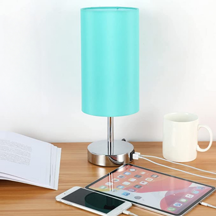 Skanto | Lampe med USB-tilkobling Berøringskontroll Bordlampe for Soverom Tre 3-trinns dimbar Sengelampe med Rund Linestoffskjerm for Stue, Studenthybel, Hjemmekontor
