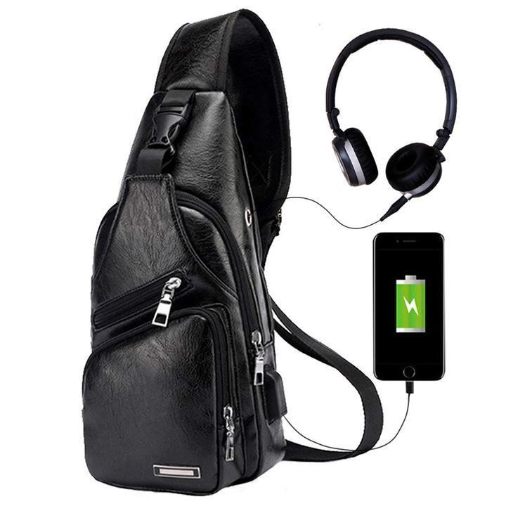 Skanto | Stor Herre Lædertaske Bryst Rygsæk Vandtæt Crossbody Taske med USB