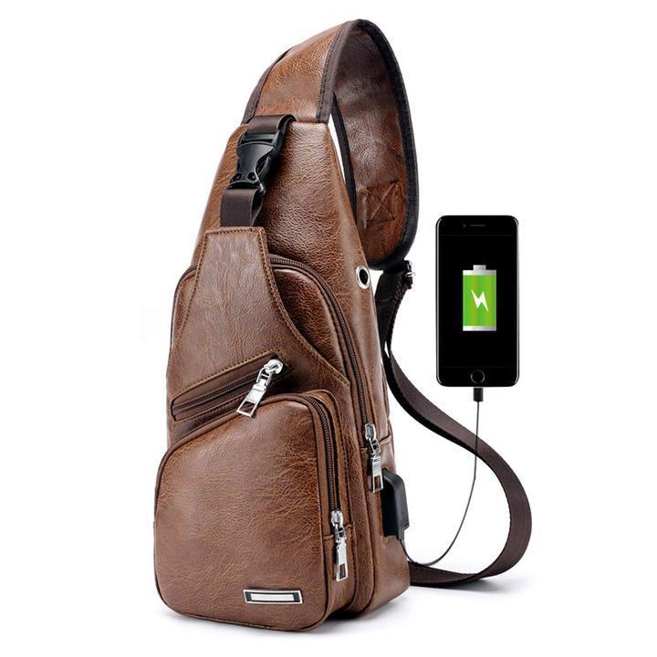 Skanto | Stor Herre Lædertaske Bryst Rygsæk Vandtæt Crossbody Taske med USB
