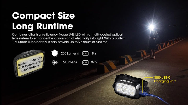 Skanto | Nitecore Nu30 500 Lumen Oppladbar Hodelykt - Hvit & Rød Stråler, Svart