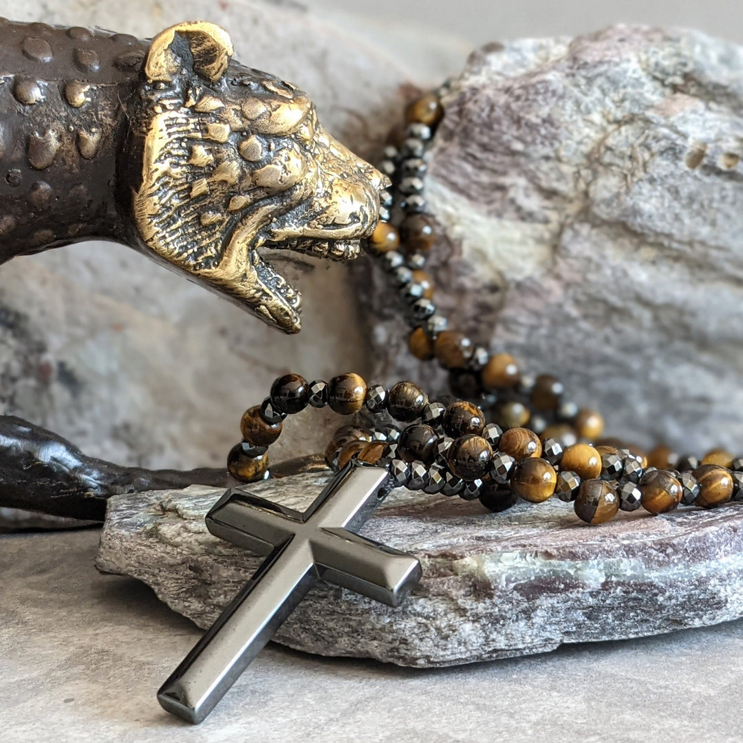 Skanto | Tiger Eye Og Lapis Lazuli Kors Rosary Halskjede For Menn - Orion