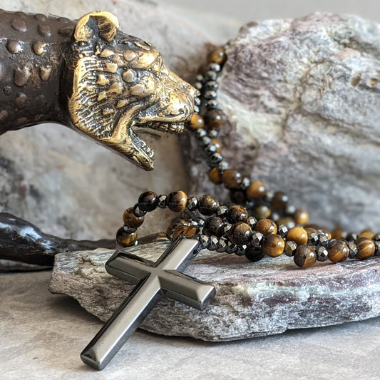 Norvo | Tiger Eye Og Lapis Lazuli Kors Rosary Halskjede For Menn - Orion