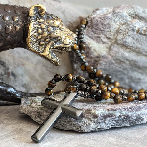 Skanto | Tiger Eye Og Lapis Lazuli Kors Rosary Halskjede For Menn - Orion
