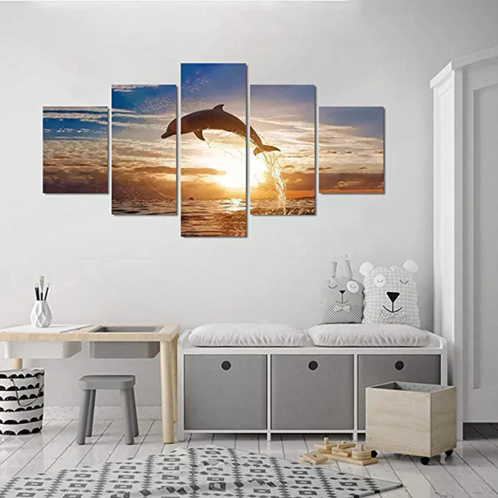 5 stk Hoppende Delfin Solnedgang Landskap Maleri | Skanto