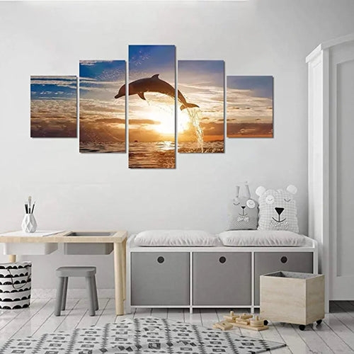 5 stk Hoppende Delfin Solnedgang Landskap Maleri | Skanto