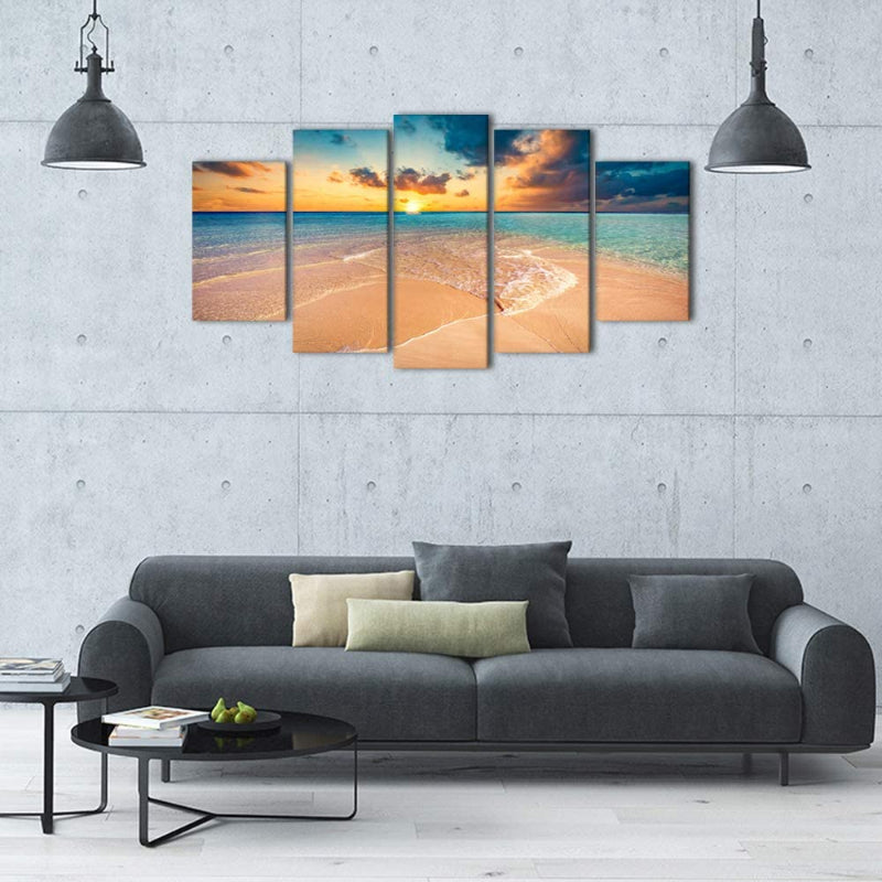 Sett med 5 veggbilder med strand-solnedgangsmotiver