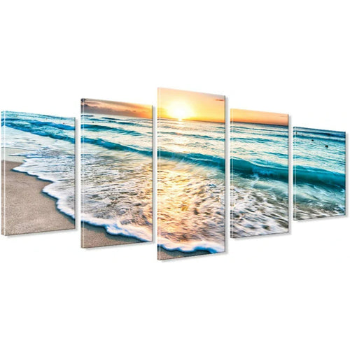 Sett med 5 dekorative lerretsbilder med havlandskap og strandmotiv