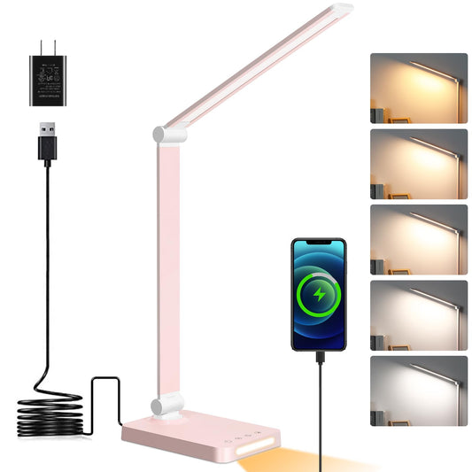 Norvo | LED Skrivebordslampe Med USB-porter, Berøring Skrivebordslamper For Hjemmekontor Med 5 Fargemodi, 3 Lysstyrke Skrivebordslampe Med Liten Nattlampe, Leselampe Bordlampe For Soverom Sengsides Stue Rosa (Med Adapter)