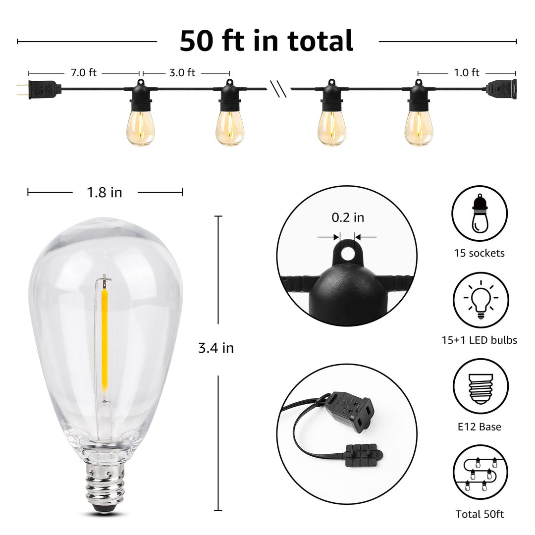 Skanto | Lepro 50Ft Utendørs Lyskastere, 15 Varme Hvite Led Pærer, Vanntett Bistro Terrassebelysning