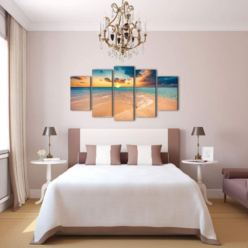 Sett med 5 veggbilder med strand-solnedgangsmotiver