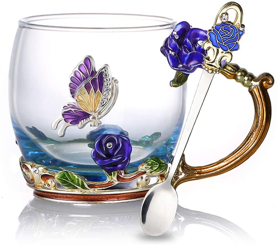 Emalje Rose Glass Tekopp Sett (Med Skje) | Skanto