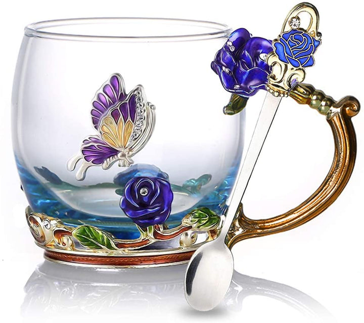 Emalje Rose Glass Tekopp Sett (Med Skje) | Skanto
