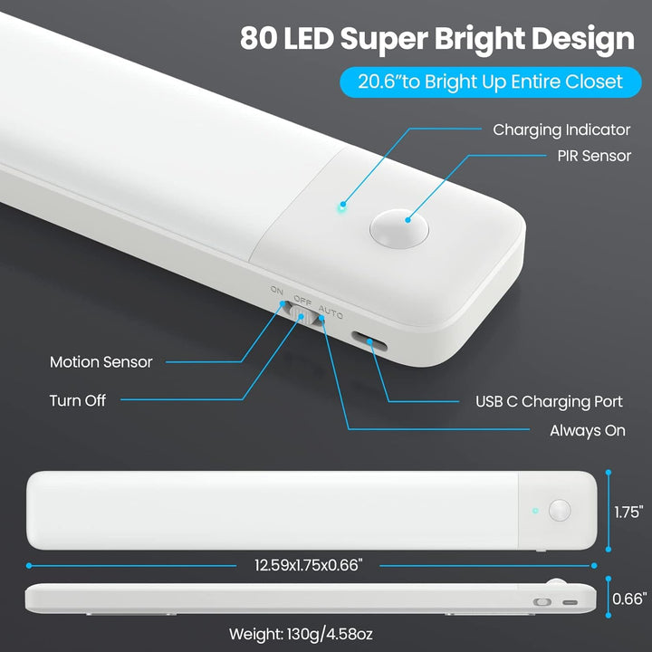 Skanto | Qtshine 80Led Bevegelsessensor Under Skap Lys, Usb C Oppladbar, 12.6" Batteridrevet, Hvit
