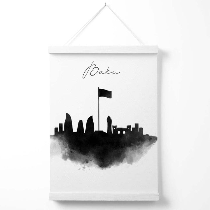 Baku akvarell plakat med bysilhuett og oppheng